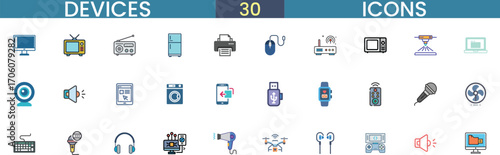 Collection of 30 diverse device icons for digital and technology related applications vector