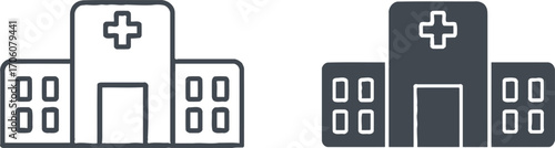 Hospital Building Icon Symbol in Outline and Filled Style on White Background