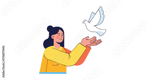 Vector illustration of a kind woman releasing a white dove symbolizing peace and freedom.