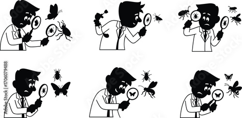 Scientist examining insects and butterflies with magnifying glass, entomology research, lab study, close-up inspection, scientific investigation vector