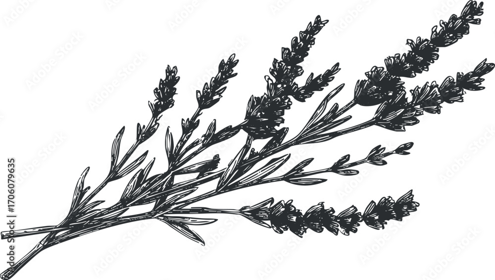 Obraz premium A detailed line drawing of a lavender plant showcasing its aromatic flowers and leaves.