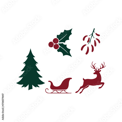 Christmas deer sleigh tree holly mistletoe vector graphic