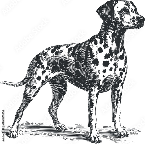 A vintage illustration of a standing Dalmatian dog showcasing its distinctive spotted coat.