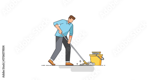 Vector illustration of a man in a blue shirt mopping a sparkling clean floor with a yellow bucket.