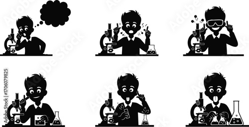 Scientist working with microscope vector set, lab research illustrations, chemistry experiments, scientist character clipart, laboratory science icons