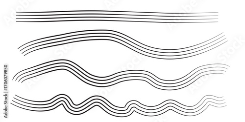 Collection of Black Wavy and Straight Lines on White Background.