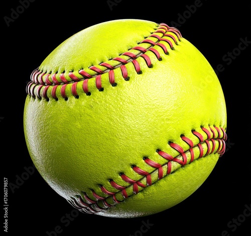 A bright yellow softball with prominent red stitching is set against a stark black backdrop, creating a dramatic contrast