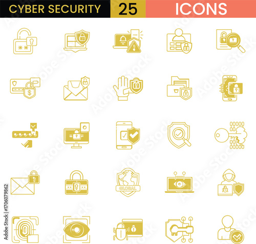 Set of 25 cybersecurity icons representing digital security threats and protection concepts vector