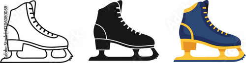 Ice Skates Collection Linear Icon, Silhouette, and Colorful Version on White