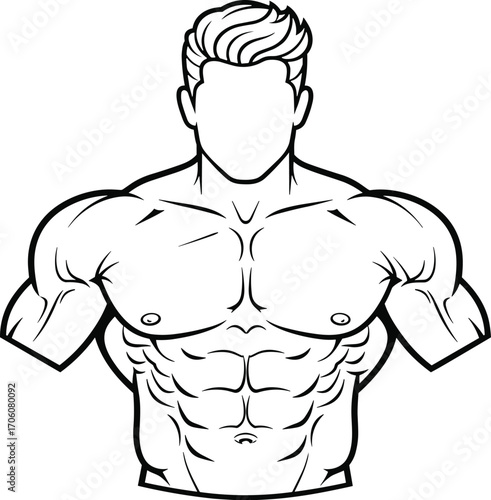 Black and white vector illustration of muscular male upper body anatomy with defined abs, chest, arms, shoulders, and fitness physique