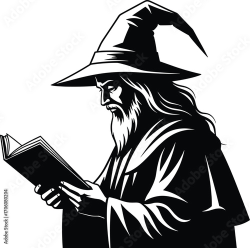Black and white vector illustration of wizard reading magic book with pointed hat, long beard, mystical fantasy art and sorcery theme