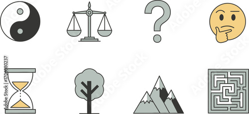 Icon Set Featuring Yin Yang Symbol Balance Scales and Question Mark on White