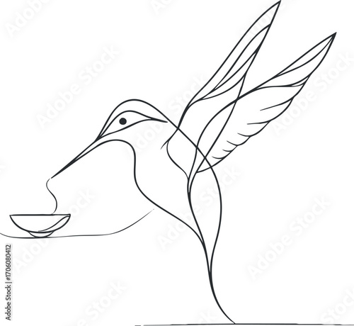 Elegant line art illustration of a hummingbird feeding from a bowl in a minimalist style.