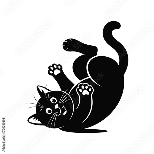 Playful Black Cat Silhouette Illustration Rolling on Back with Paws Up in the Air Fun