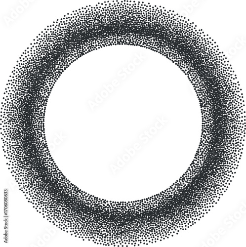 An abstract circular pattern composed of numerous small dots in black and white.