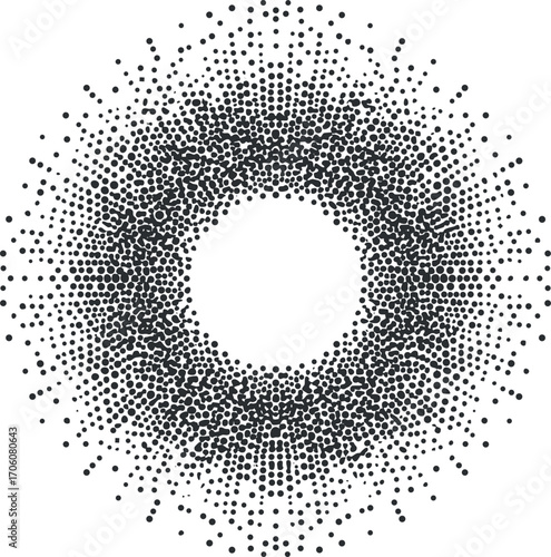 An abstract design featuring a circular pattern of densely arranged black dots on a white background.