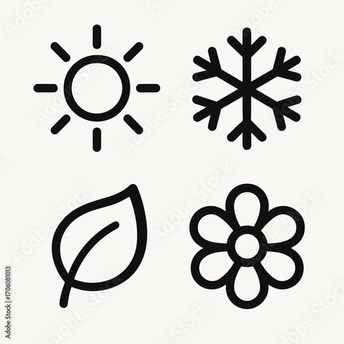 Minimalistic icons of sun, snowflake, leaf, and flower on a light background