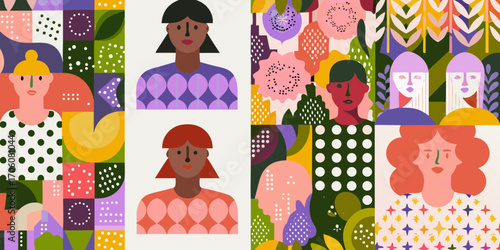 Diverse group of women represented with abstract patterns and floral elements in a vibrant color palette