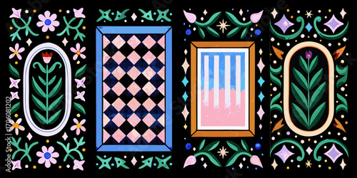 Whimsical folk art style decorative panels featuring flowers plants geometric patterns and abstract shapes