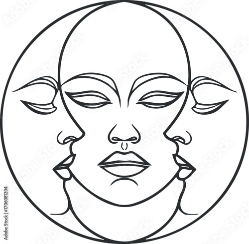 An abstract illustration of three faces intertwined within a circular design highlighting unity and emotion.