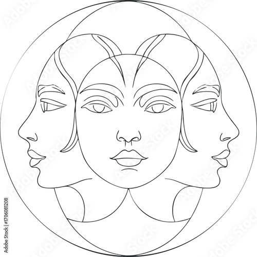 Stylized line art illustration of three faces in a circular geometric design.