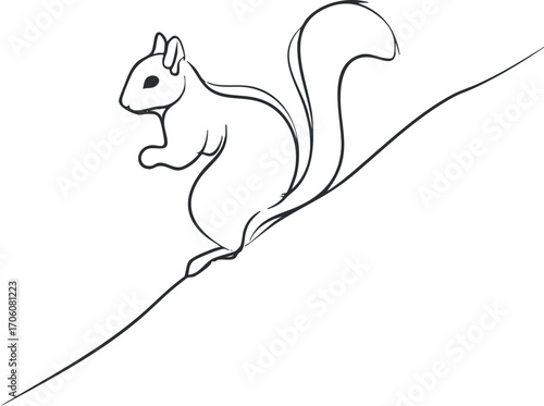 A simple line drawing of a squirrel in an animated pose climbing a slope.