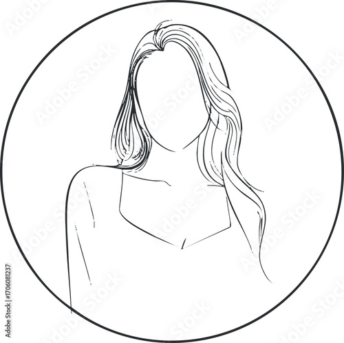 Minimalist outline of a woman with flowing hair in a circular frame.