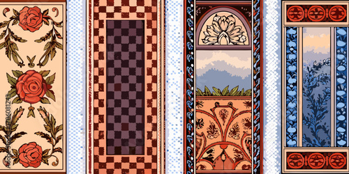 Artistic vertical panels featuring floral motifs a checkerboard pattern and architectural window designs