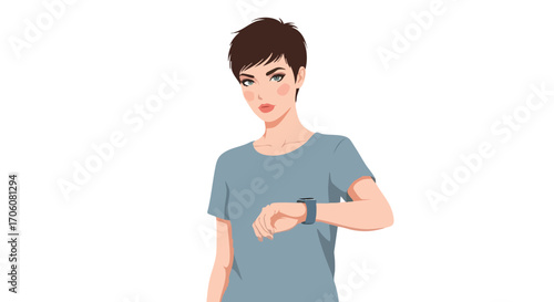 Vector illustration of a young woman with a pixie haircut checking her smartwatch.