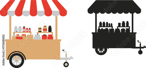 Isolated Vendor Cart, Striped Awning, Shelves with Jars and Boxes, Market Stall,