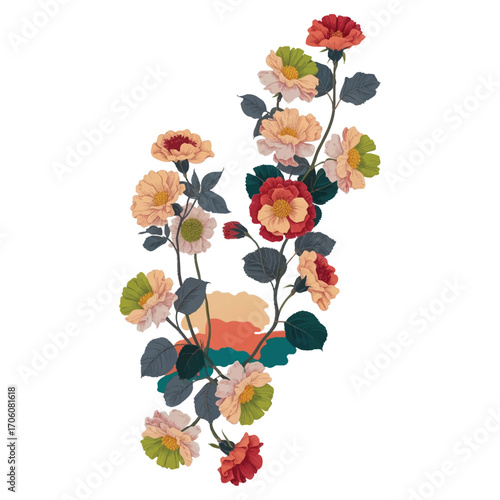 Delicate flowers with petals of different shapes and sizes are arranged in a symmetrical composition on a clean white background.