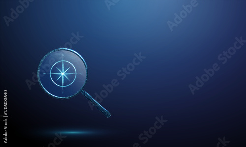 3d compass inside a magnifying glass. Concept of navigation, direction, guidance, orientation, exploration, decision making, strategy, planning.