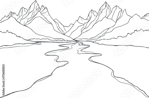 A minimalist line drawing of a serene river winding through majestic mountains and peaceful landscape.