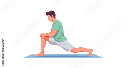 Young athletic man doing a low lunge stretch on a blue fitness mat illustration.