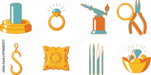 Jeweler Crafting Tools Set with Ring, Pliers, Hook, Torch on White Background
