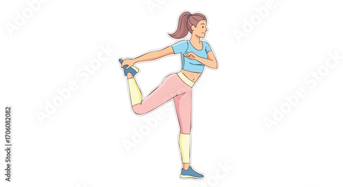 Young athletic woman in sportswear doing a standing quadriceps stretch exercise.