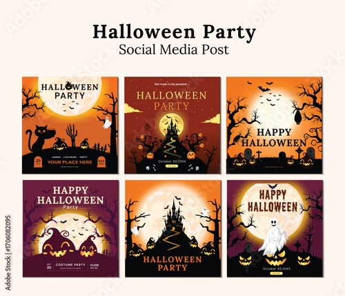 Set of Modern Halloween Social Media Post Template, Editable Party Invitation, Spooky Night Instagram Square Banner Design with Vector Illustration