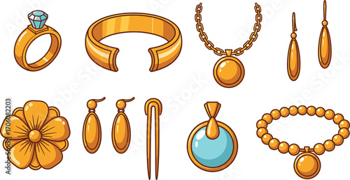 Jewelry Collection Ring, Bracelet, Necklace, Earrings Isolated on White