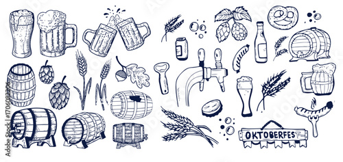 Beer brewery icons collection. Glasses, bottle, barrel hand drawn elements for pub, bar menu. Vector sketch illustration