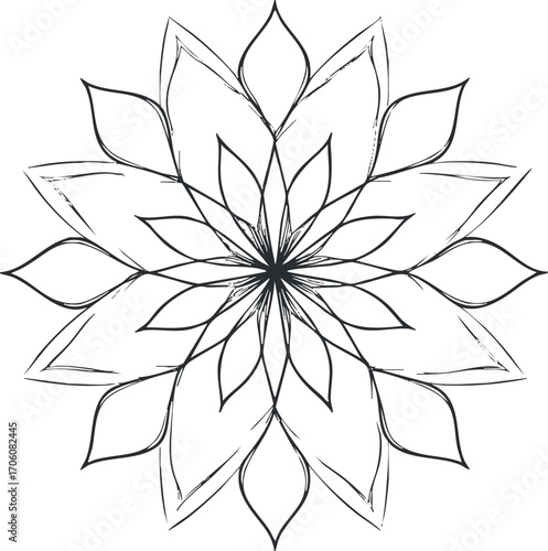 A detailed black and white mandala flower design with intricate patterns and shapes.