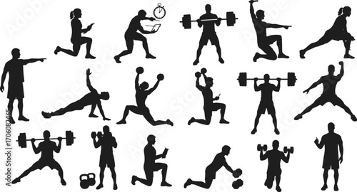 Silhouettes of people performing various fitness exercises including weightlifting, lunges, push-ups, kettlebell training, stretching, and timing workouts.
