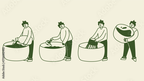 Illustration of a young man making matcha tea drink. Perfect for cafes, tea brands.