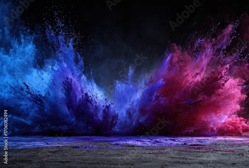 Wallpaper Mural Explosive cloud of vibrant blue and red powder against a dark backdrop, creating a dynamic and colorful spectacle. Surface covered in spilled powder Torontodigital.ca