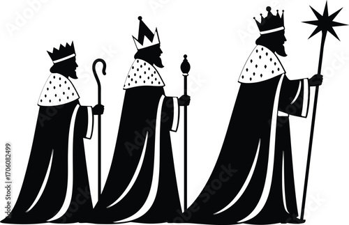 Black and white vector illustration of Three Wise Men with crowns, gifts, and staffs, Christmas nativity scene, religious, and cultural celebration concept
