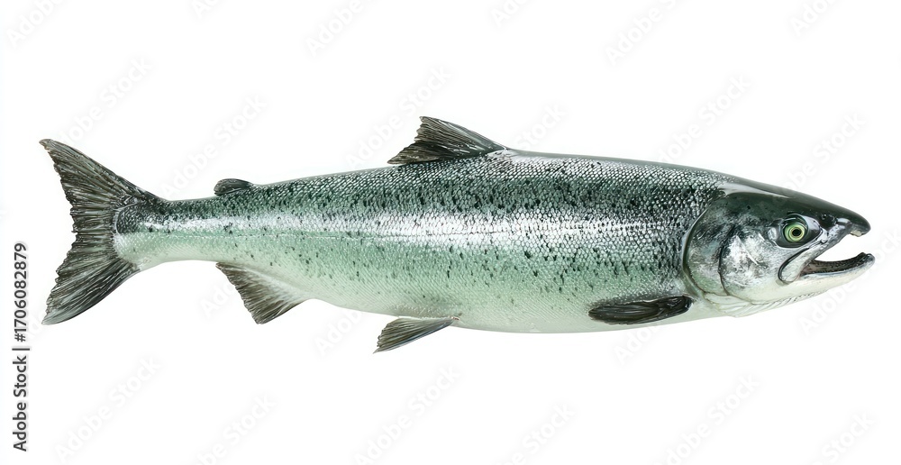 Fototapeta premium A silvery fish, possibly salmon, is shown lengthwise on a clean white background. It has distinct fin features and a sleek form with an open mouth