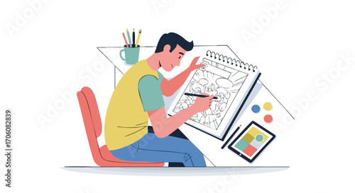 Young male artist and illustrator drawing a comic book page in a sketchbook at his desk Flat vector illustration of a creative hobby.