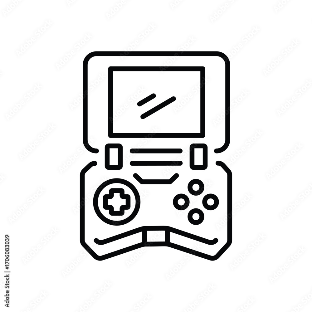 Fototapeta premium A black and white line art depiction of a handheld video game console with a screen Dpad and button controls