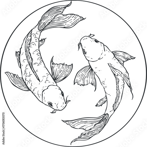 Two koi fish swimming in a circular design with intricate line art details.