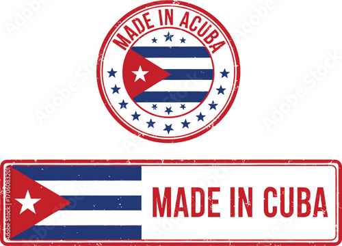 Made in Cuba Grunge Style Stamps with Cuban Flag Inside on White Background