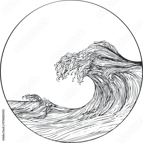 Elegant line art illustration of a powerful ocean wave captured within a circular frame.